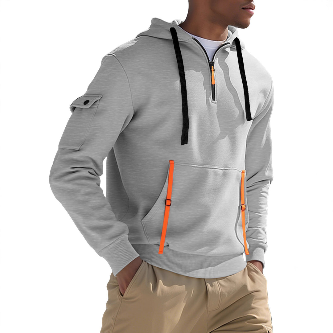 Men's Nano Urban Tech Hooded Half-Zip Pullover with Utility Arm Pocket, Kangaroo Pocket, and Adjustable Zipper Tapes Mune Fashion