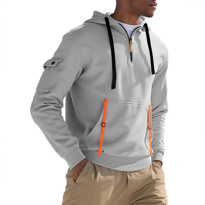 Men's Nano Urban Tech Hooded Half-Zip Pullover with Utility Arm Pocket, Kangaroo Pocket, and Adjustable Zipper Tapes Mune Fashion