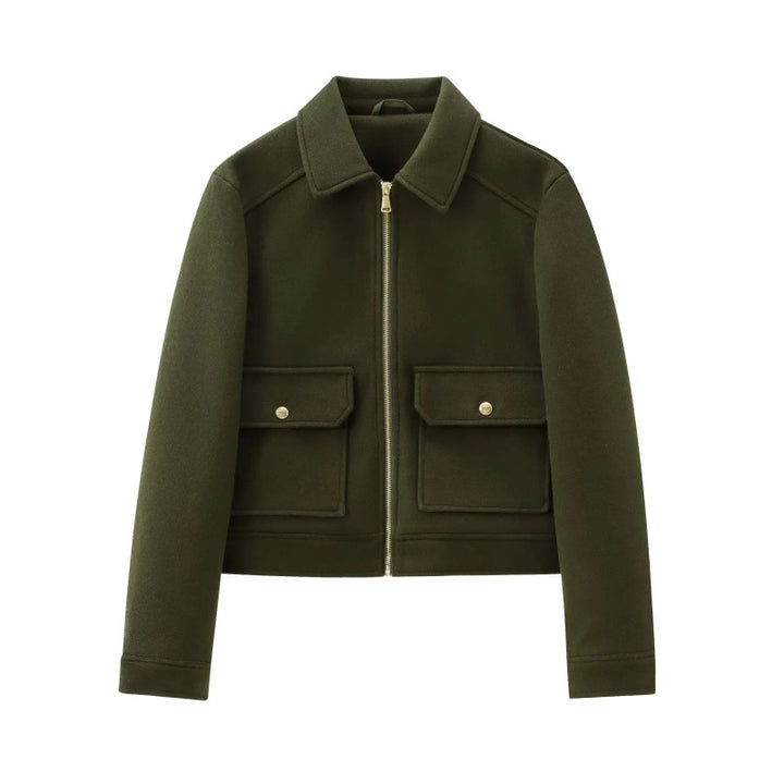 Women's short jacket in velour look with flap patch pockets and full-length zipper Mune Fashion