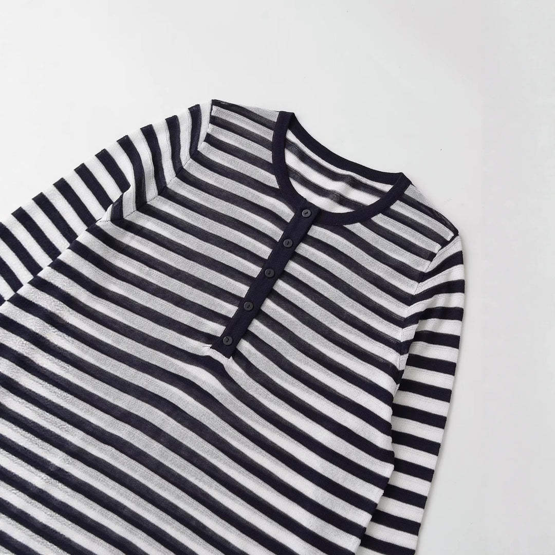 Women's Long Sleeve Shirt with Button Placket and Maritime Stripes Mune Fashion