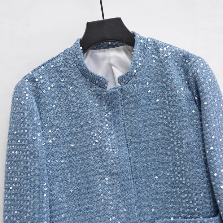 Women's Short Blazer Made of Boucle Tweed with Sequins and Flap Pockets Mune Fashion