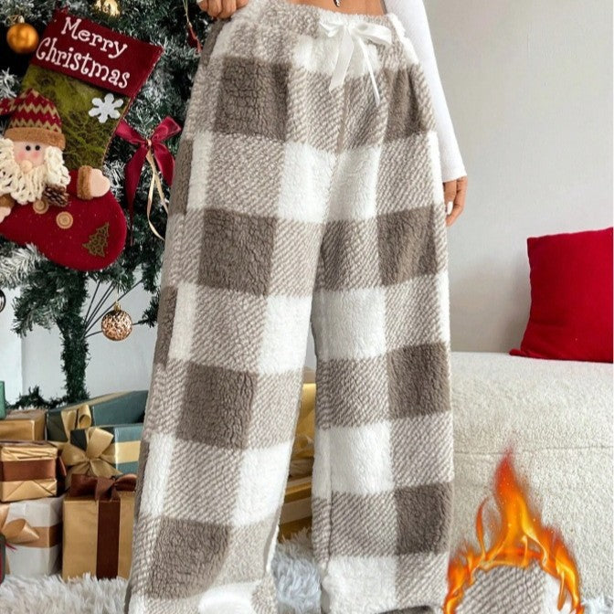 Women's cozy checked fleece pants with drawstring waistband and wide leg Mune Fashion