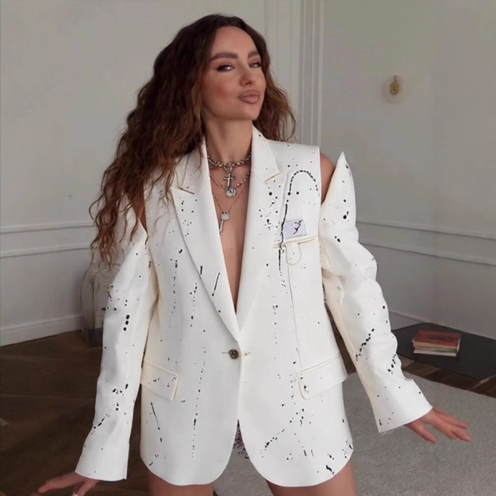 Women's Oversize Blazer with Cut-Out Shoulders and Paint Splatter Look Mune Fashion