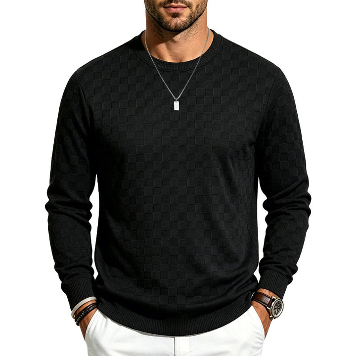 Men's Plaid Fine Knit Crew Neck Sweater with Subtle Check Structure Mune Fashion