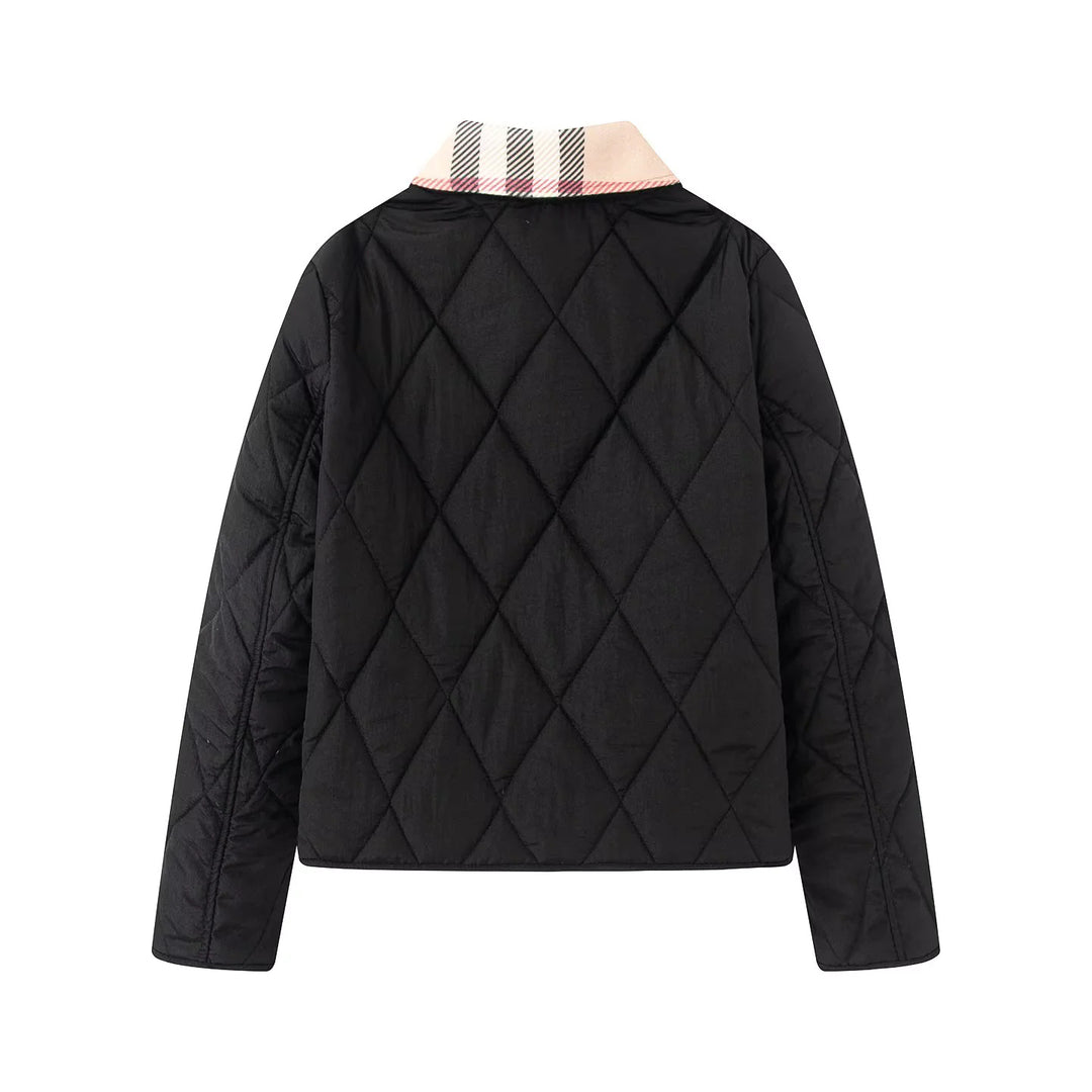 Women's padded short jacket with check collar and piped side pockets Mune Fashion