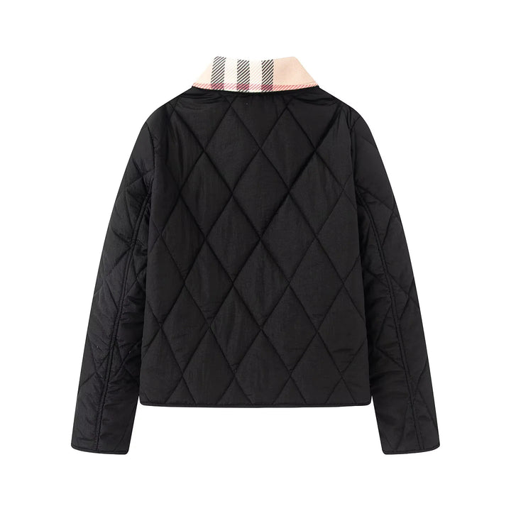 Women's padded short jacket with check collar and piped side pockets Mune Fashion