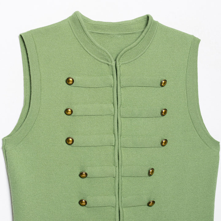 Women's Sleeveless Knitted Vest in Military Style with Decorative Metal Buttons and Patch Pockets Mune Fashion