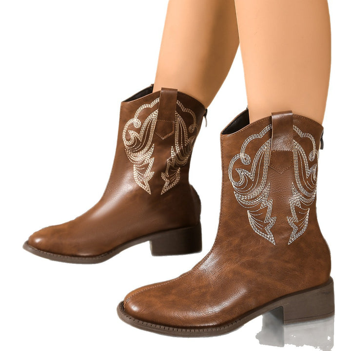Women's Retro Cowgirl Boots with Mid-Height Block Heel and Decorative Embroidery Mune Fashion