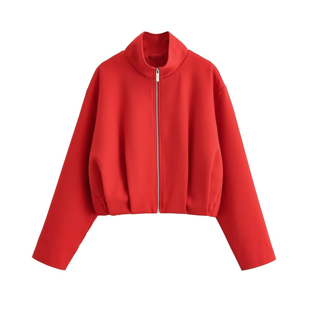Women's Short Oversize Bomber Jacket with Stand-up Collar, Zipper and Boxy Silhouette Mune Fashion