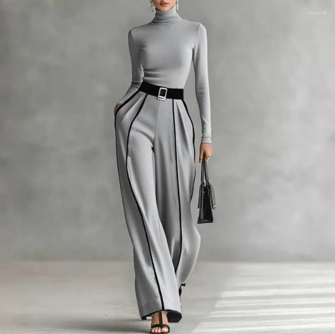 Women's Two-Piece Ensemble consisting of a form-fitting turtleneck bodysuit and wide-cut high-waisted trousers with belt Mune Fashion