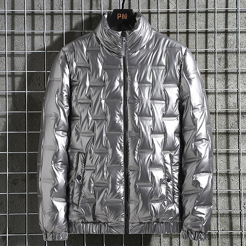 Men's Shiny Quilted Jacket with Geometric Quilting and Stand-up Collar Mune Fashion