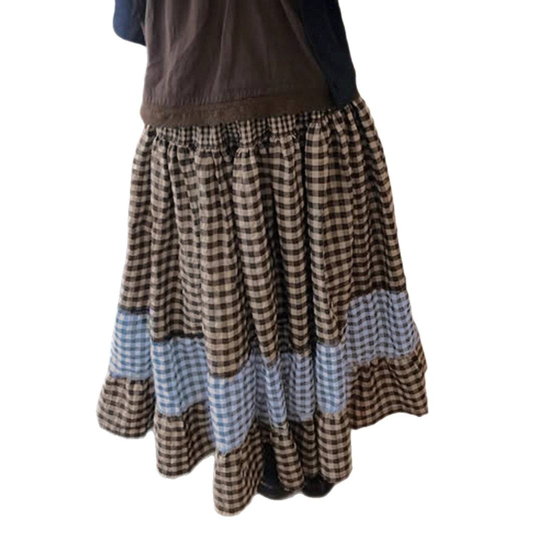Women's multi-layered cotton tiered skirt with elastic waistband, contrasting gingham ribbon and ruffle Mune Fashion
