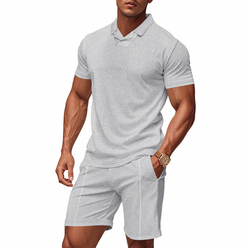Men's casual waffle structured leisure set with lapel collar short sleeve shirt and elastic leisure shorts Mune Fashion