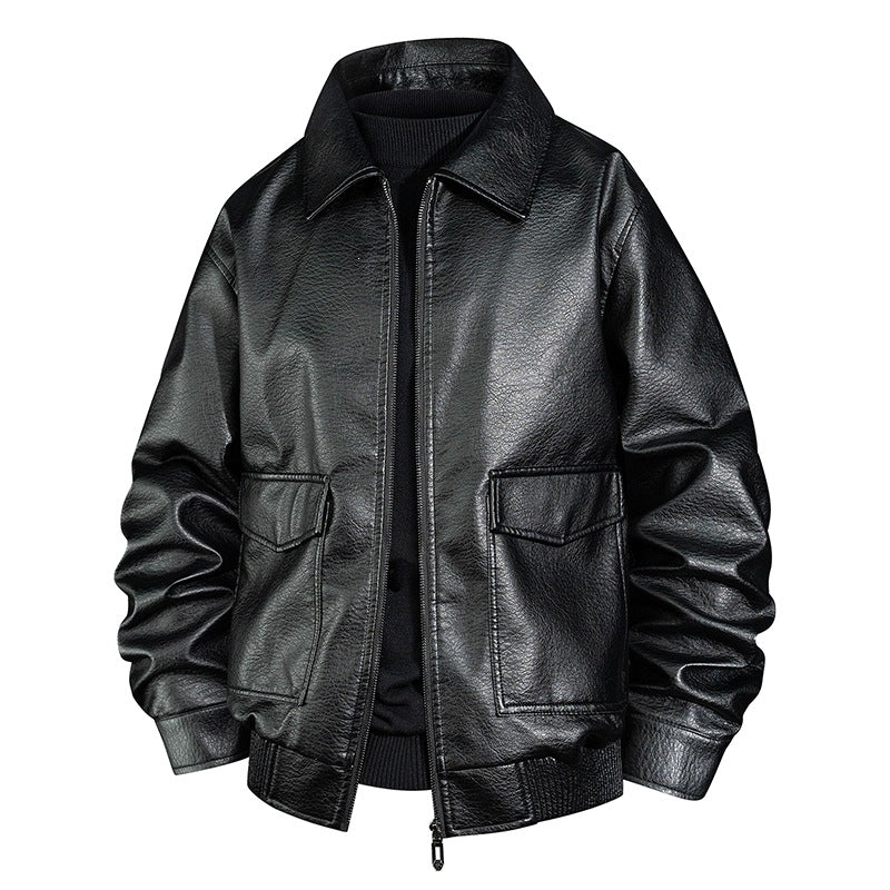 Men's Casual Faux Leather Jacket with Collar and Pockets Mune Fashion