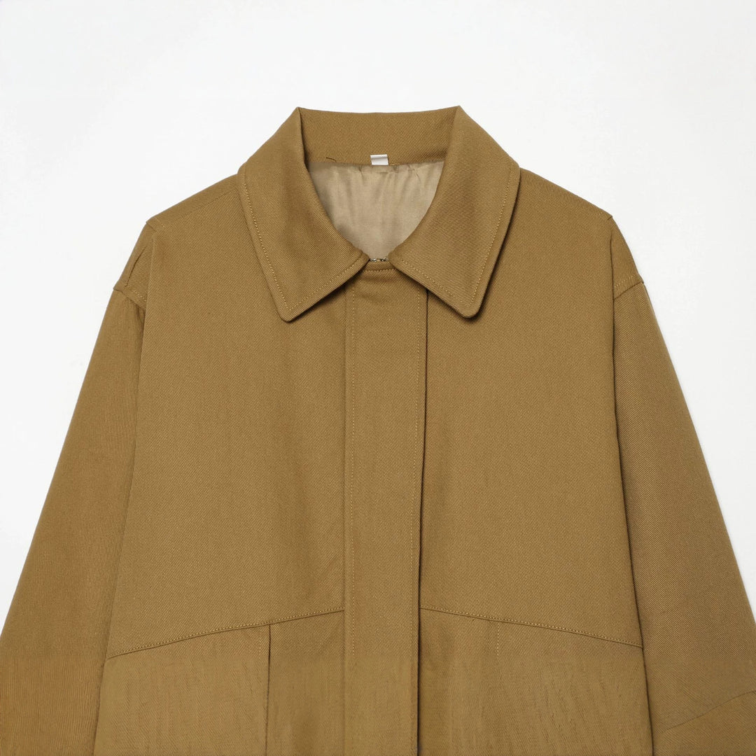 Women's lightweight field jacket made of cotton blend with concealed snap button placket, shirt collar, and elastic hem Mune Fashion