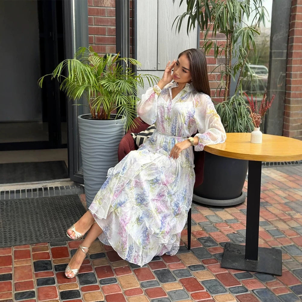 Women's Long Chiffon Tiered Maxi Dress with Ruffles & Delicate Flower Print Mune Fashion
