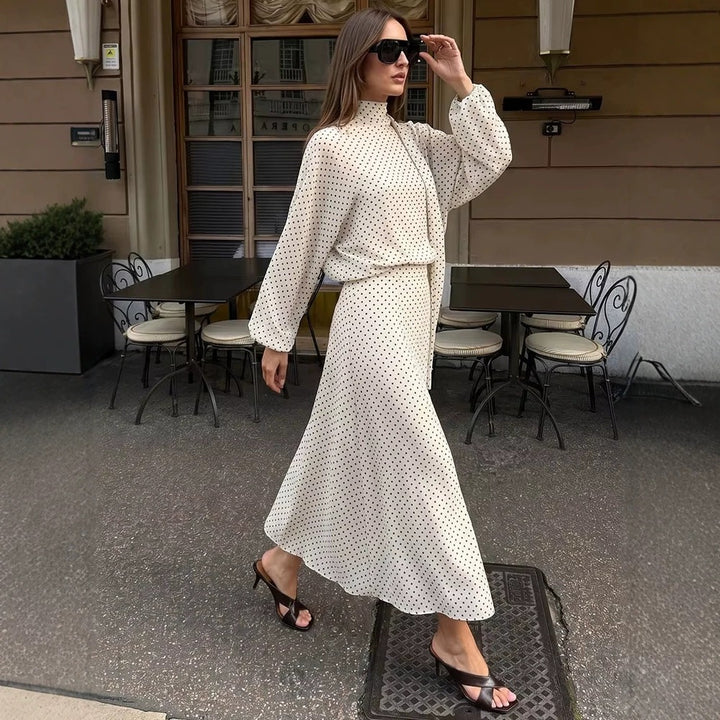 Women's Two-Piece Set made of lightweight chiffon with wide midi skirt and balloon sleeve blouse with bow collar Mune Fashion
