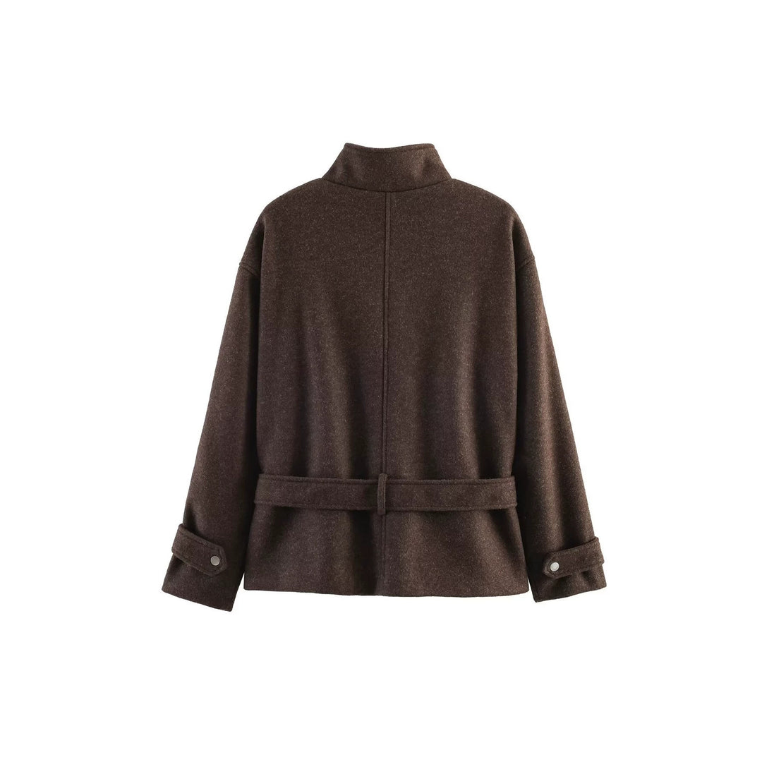 Ladies Short Wool Blend Transitional Jacket with Waist Belt and Stand-Up Collar Mune Fashion