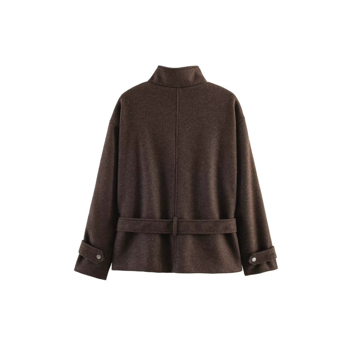 Ladies Short Wool Blend Transitional Jacket with Waist Belt and Stand-Up Collar Mune Fashion