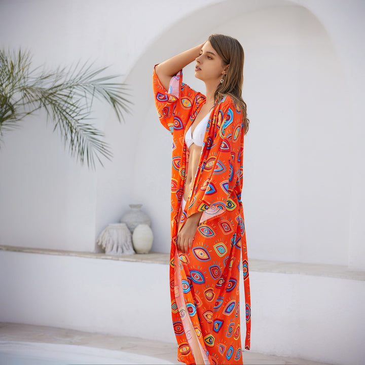 Women Long Kaftan-Kimono with Waist Belt, V-Neck & Graphic Eye Print Mune Fashion