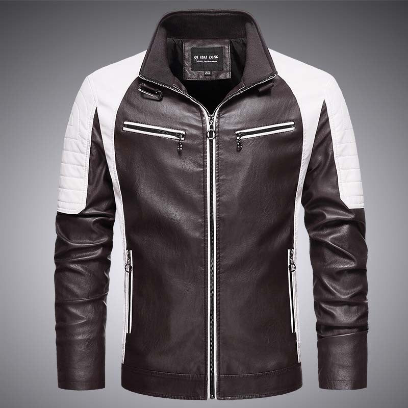 Men's biker faux leather jacket in racing style with stand-up collar and zippered pockets Mune Fashion