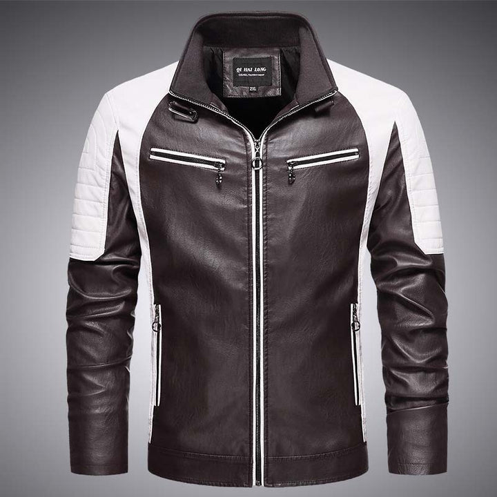 Men's biker faux leather jacket in racing style with stand-up collar and zippered pockets Mune Fashion