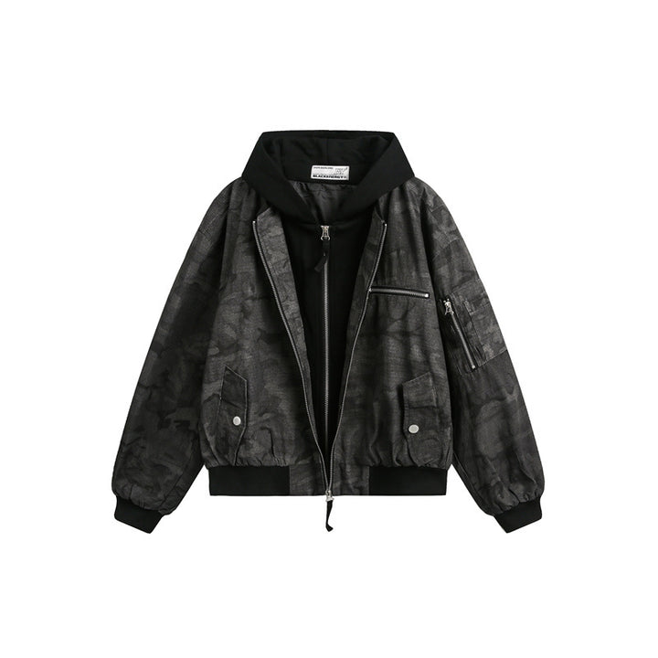 Men's short-cut oversized bomber in layer look with integrated hood and camouflage jacquard fabric