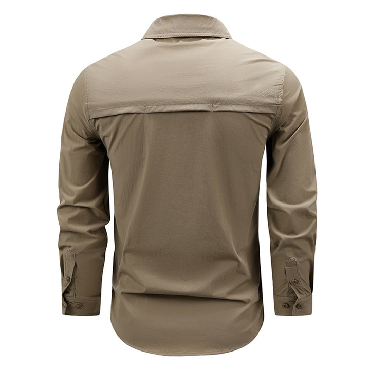 Men's lightweight technical outdoor shirt with roll-up sleeves, chest pockets, and breathable ripstop fabric