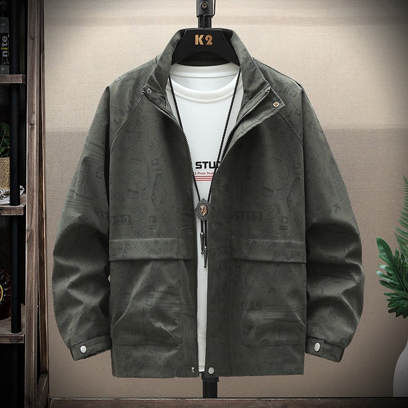 Men's lightweight overshirt utility jacket with allover print, stand-up collar & concealed zipper Mune Fashion