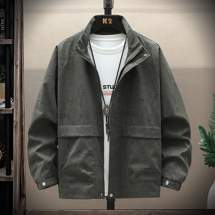 Men's lightweight overshirt utility jacket with allover print, stand-up collar & concealed zipper Mune Fashion