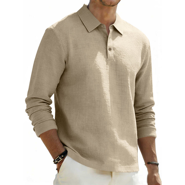 Men's long sleeve polo shirt made of linen with Henley button placket and Kent collar Mune Fashion