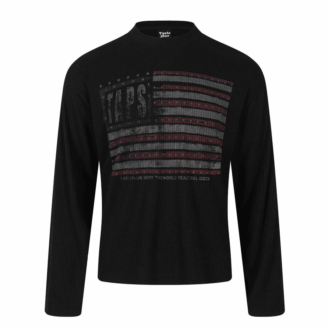 Unisex Ribbed Long Sleeve Pullover with Turtleneck and Vintage Flag Print Mune Fashion