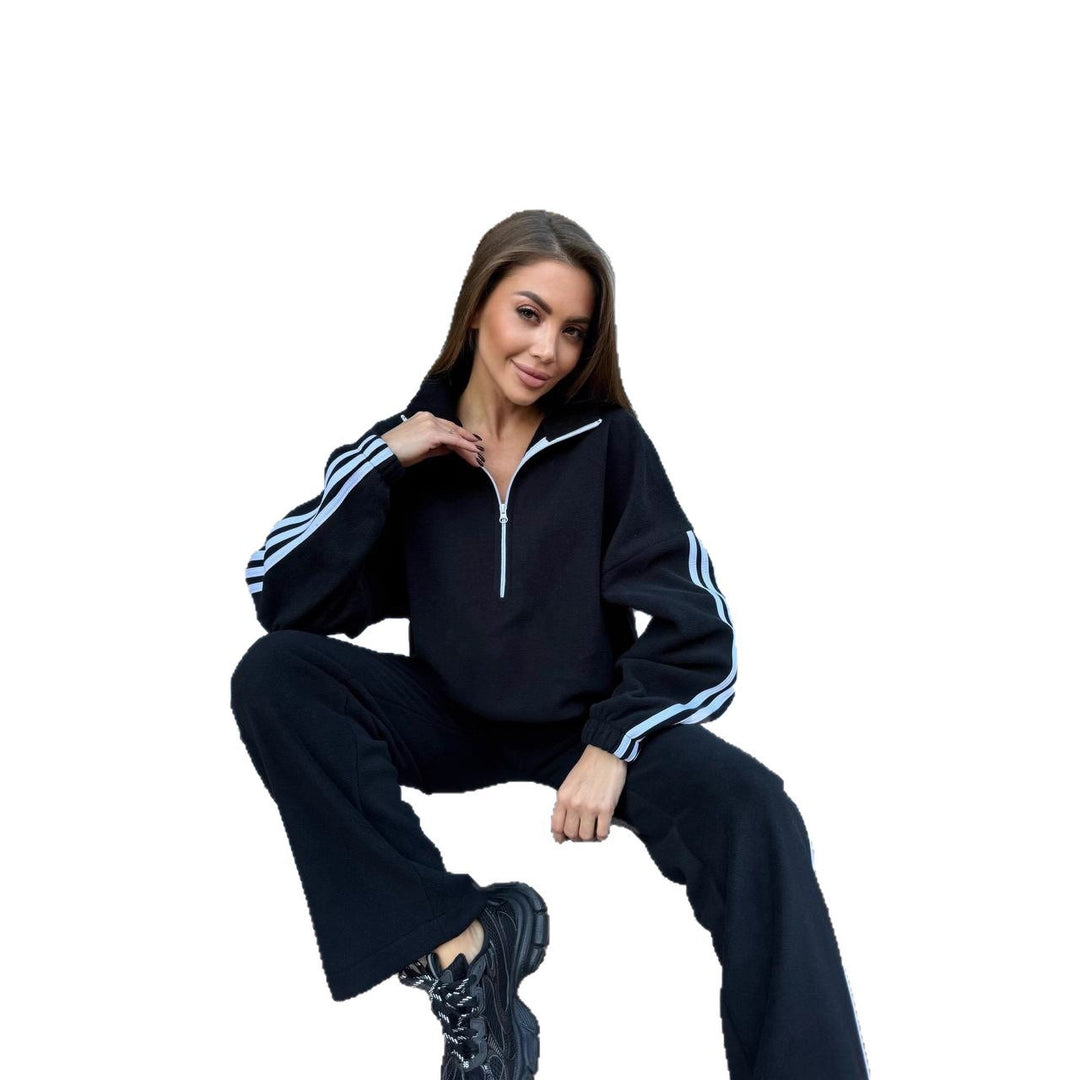 Women's casual high neck half zip tracksuit with distinctive side stripes, oversized hood and loose jogger pants Mune Fashion