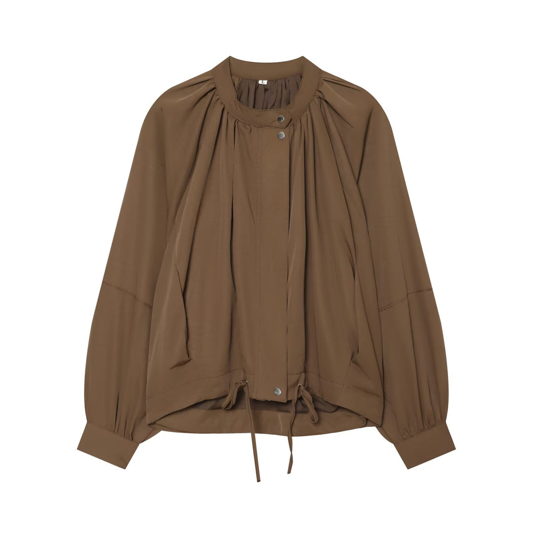 Ladies Light Blouson Jacket with Round Neck, Gathered Yoke and Drawstring Mune Fashion