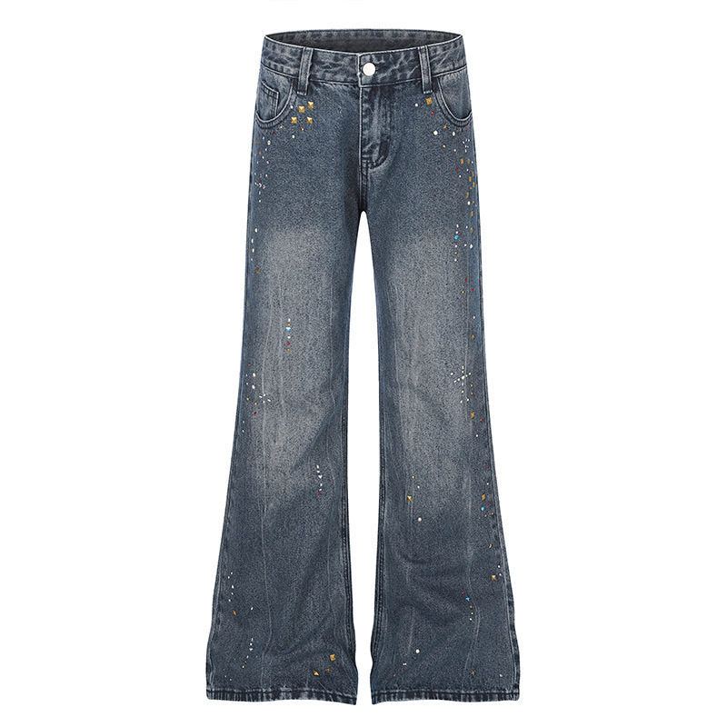 Women High-Waist Flared Jeans with Pearl and Stud Decoration Mune Fashion