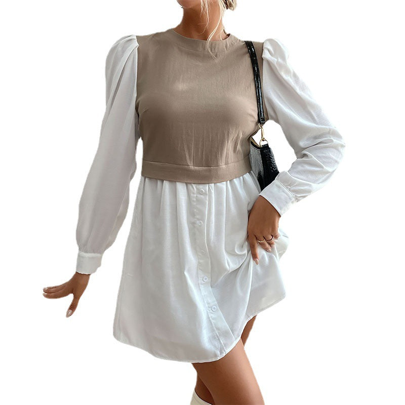 Ladies' shirt dress with inset cropped vest, puff sleeves, and tailored silhouette Mune Fashion