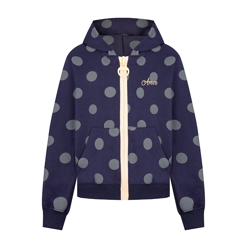 Women's cropped hooded zip jacket with large polka dot pattern and decorative zipper Mune Fashion