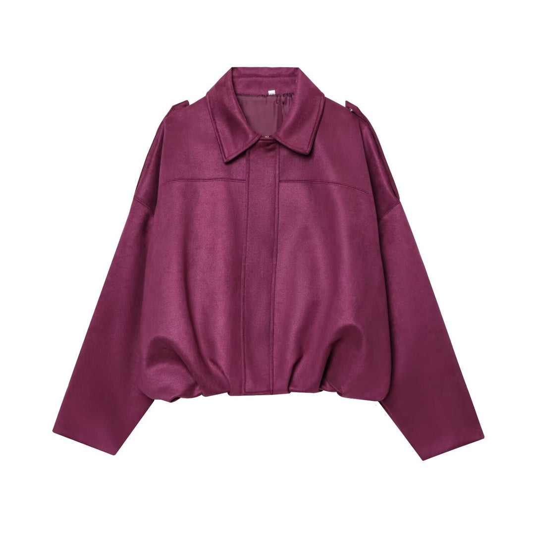 Women's Cropped Suede Look Blouson Jacket with Waist Smocking and Shoulder Patches Mune Fashion