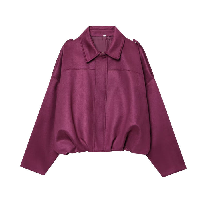 Women's Cropped Suede Look Blouson Jacket with Waist Smocking and Shoulder Patches Mune Fashion