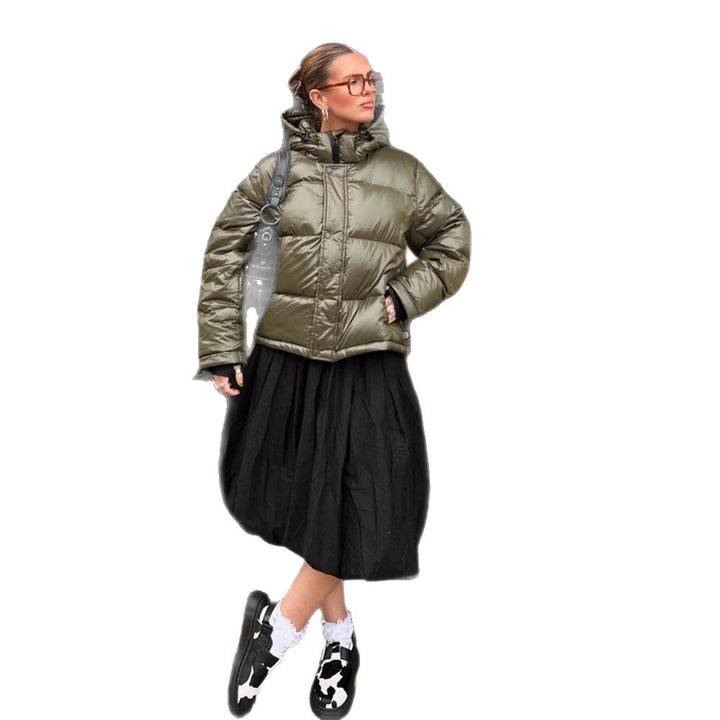 Women's Short Shiny Padded Jacket with Hood and Boxy Silhouette Mune Fashion