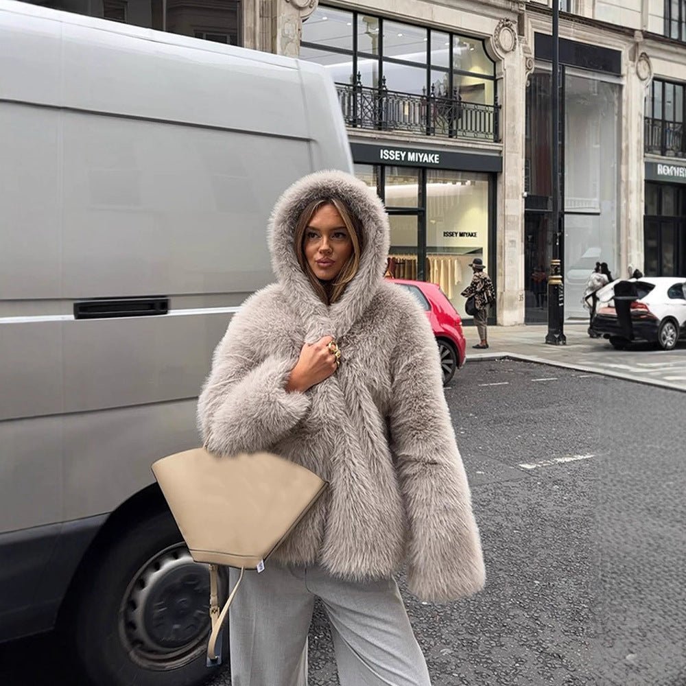Women's Cozy Short Faux Fur Jacket with Extra Voluminous Hood Mune Fashion