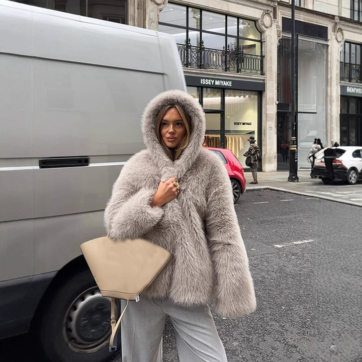 Women's Cozy Short Faux Fur Jacket with Extra Voluminous Hood Mune Fashion