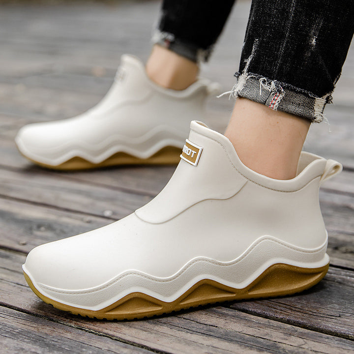 Women's Waterproof Slip-On Ankle Rubber Boot with Rolled Knit Collar Mune Fashion