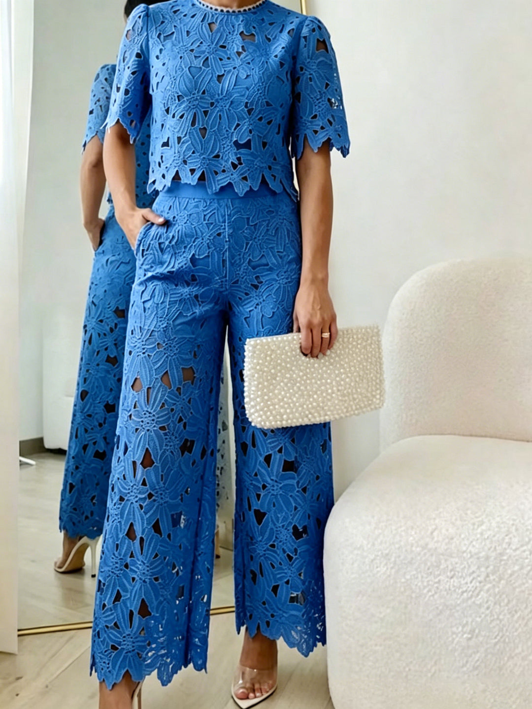 Ladies' two-piece set in Guipure lace with a cropped top, scalloped hem, and high-waisted wide Palazzo pants Mune Fashion