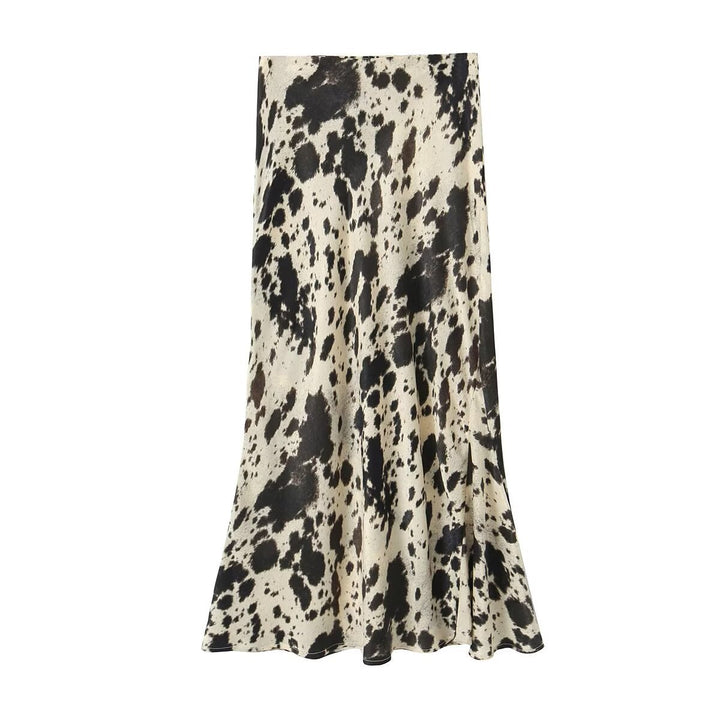 Women's Long Satin Skirt in Bias Cut with Abstract Animal Print Mune Fashion