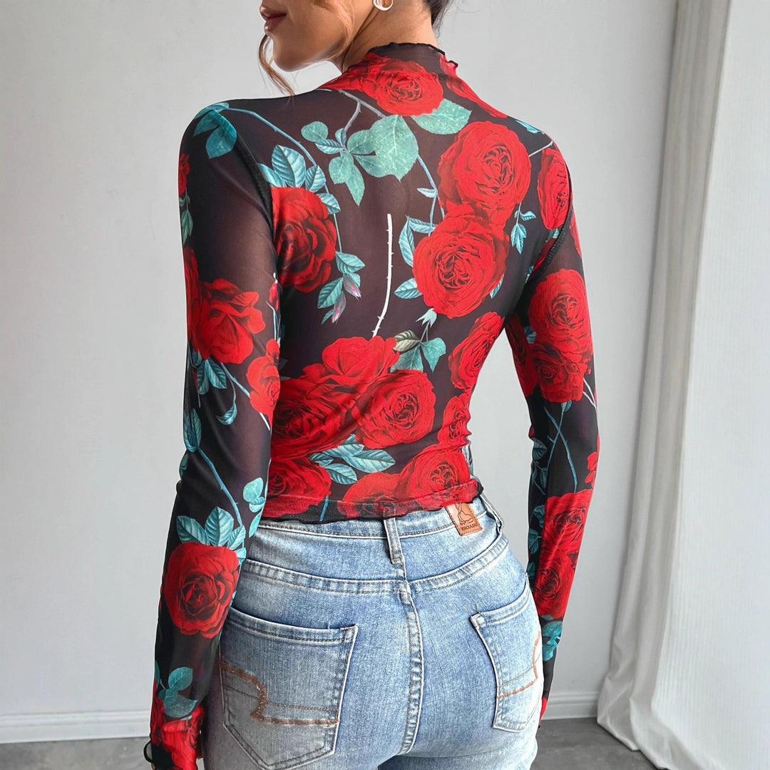 Women's figure-hugging mesh long-sleeve shirt with rose motif, high collar and wave hem Mune Fashion