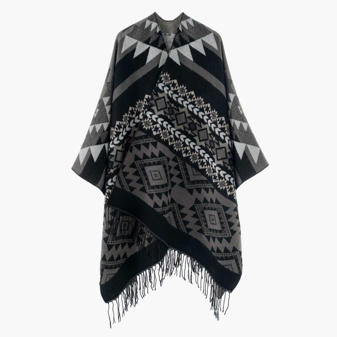 Women's Oversize Jacquard Cape in Ethno Jacquard with Fringing Mune Fashion