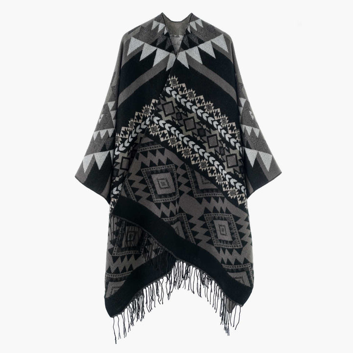Women's Oversize Jacquard Cape in Ethno Jacquard with Fringing Mune Fashion