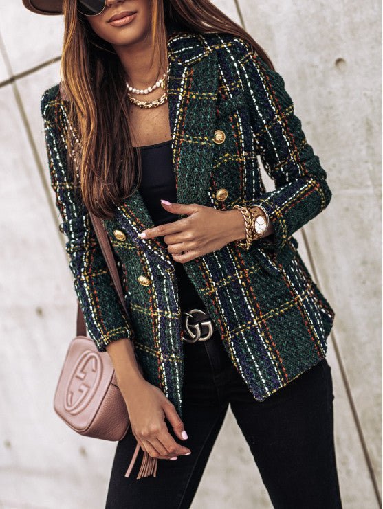 Women Boucle Tweed Blazer with Check Pattern and Double-Breasted Button Placket Drune