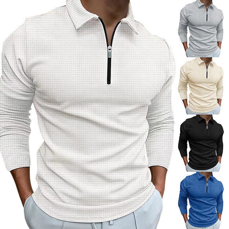Men's Fine Waffle Knit Half-Zip Polo with Kent Collar & Long Sleeve Mune Fashion